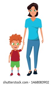 Family single mother with son holding school backpack vector illustration graphic design
