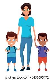 Family single mother with two kids holding school backpacks vector illustration graphic design