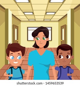 Family single mother with two kids holding school backpacks inside building with windows background ,vector illustration.