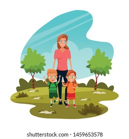 Family single mother with two kids holding school backpacks in the nature park, landscape background ,vector illustration.