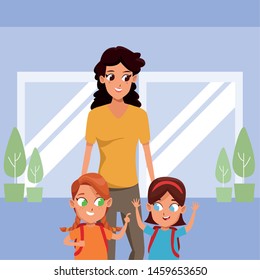 Family single mother with two kids holding school backpacks inside building with windows background ,vector illustration.