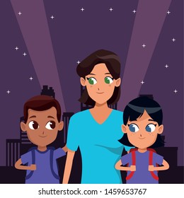 Family single mother with two kids holding school backpacks in the city at night scenery background ,vector illustration.