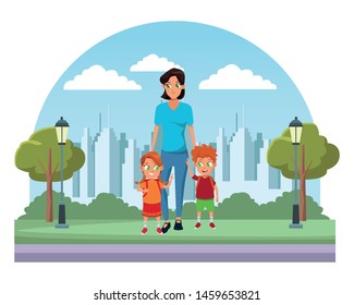 Family single mother with two kids holding school backpacks in the city park scenery background ,vector illustration.