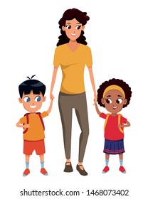 Family single mother with two kids holding school backpacks vector illustration graphic design