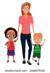 Family single mother with two kids holding school backpacks vector illustration graphic design