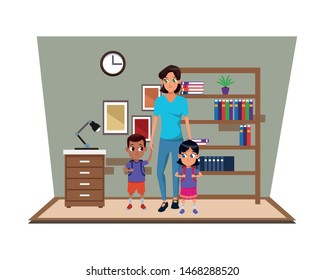 Family single mother with two kids holding school backpacks in study room scenery ,vector illustration.