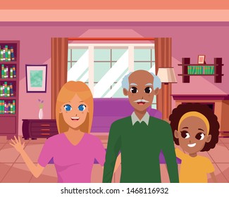 Family single mtoher with little daughter and afro grandfather inside home vector illustration graphic design