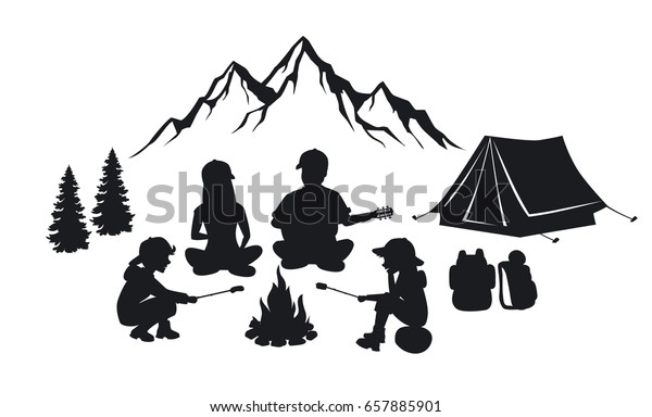 山やテント 松の木を持つキャンプファイアのシルエットシーンの周りに家族が座る 野外でキャンプをする人々 のベクター画像素材 ロイヤリティフリー