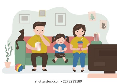 La familia se sienta en el sofá en la sala de estar y ve la televisión. Hora del fin de semana. Los padres y las hijas comen palomitas de maíz y bebidas. Entretenimiento, gente feliz viendo su película favorita o serie de televisión. ilustración vectorial