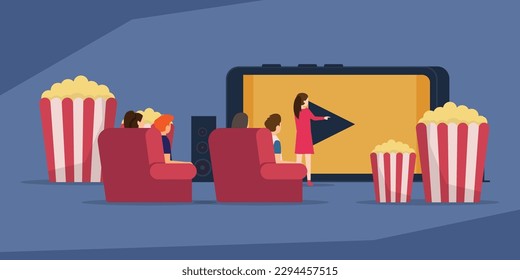 Family sit on the sofa and watch movie on huge mobile phone with popcorn 2d vector illustration concept for banner, website, illustration, landing page, flyer, etc