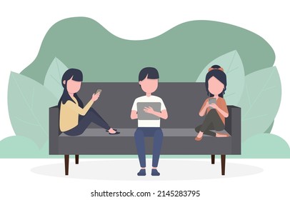 Family sit in sofa at home. They don't talk and play on mobile phones and tablets. Vector illustration Eps10.