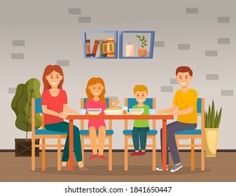 Family sits in dining room and has lunch or breakfast. Smiling mom, dad, son and daughter. Plates on the table, potted plants, shelf on the wall. Modern happy family at home. Meal time. Flat image