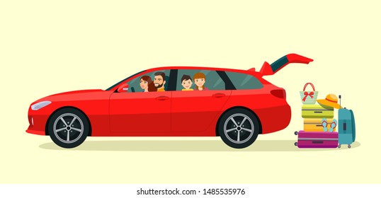 Family sits in the station wagon car with an open trunk. Suitcase, bags and other luggage next to the trunk of the car. Vector flat style illustration.