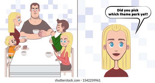 The family sits at a table in the kitchen and drinks tea. Mom looks at the children. Daughter is looking at the phone. A small child is smiling. The girl is talking.