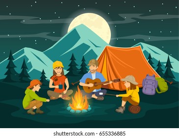 Family sitting around campfire and tent, cooking sausages and marshmallow, singing, having fun, camping, enjoying summer outdoor holidays. Mountain landscape, pine forest, moonlight night background 