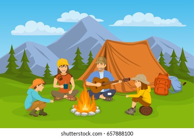 Family sitting around campfire and tent. camping hiking adventure trip scene