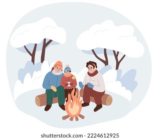 Family sitting by the fire outside. Father, mother, child spending time outdoors in winter. Winter activity. Warming in cold weather. Flat cartoon vector illustration.