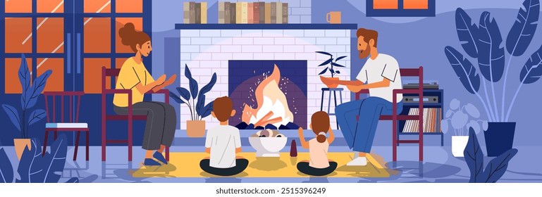 Familia sentada junto a la chimenea acogedora sala de estar. Padres y niños se reunieron alrededor del fuego disfrutando de un ambiente cálido. Interior moderno con estantes de la ventana de las plantas