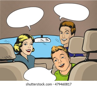 Family sitting in the car looking back. Vector illustration in pop art style, retro comic book. Speech bubble