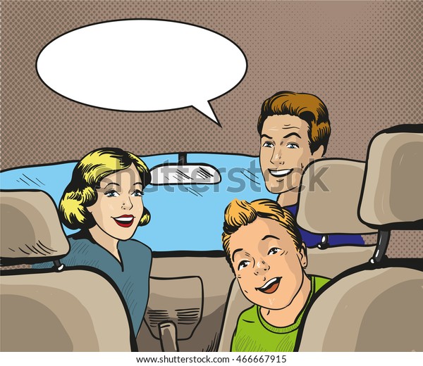 Family sitting in the car looking back. Vector illustration in pop art