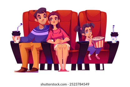 Family sitting in cinema red armchairs with popcorn and soda and watching film together. Cartoon vector illustration of young couple and little kid girl spectator on movie theatre hall chairs.