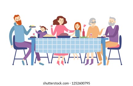 Family Sitting At Dining Table. People Eat Festive Food, Holiday Talking And Family Dinner Reunion Or Eating Christmas Supper. Dining Father Mother, Kids And Grandparents Flat Vector Illustration