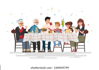 Family Sitting At Dining Table. People Eat Festive Food, Holiday Talking And Family Dinner Reunion. Vector Illustration.