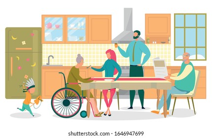 Family Sitting at Dining Table Together Flat Cartoon Vector Illustration. Disabled Old Woman in Wheelchair Having Meal, Daughter Giving Food to Handicapped Person. Man Reading Newspaper.