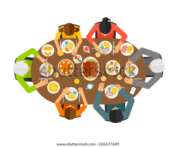 食卓に座る家族 平面図 大家族で祝いの夕食を食べる ベクターイラスト のベクター画像素材 ロイヤリティフリー