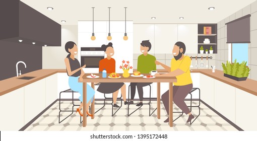 family sitting at dinning table parents and children having breakfast modern kitchen interior flat horizontal full length