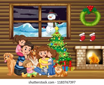 Family sitting in front of christmas tree illustration