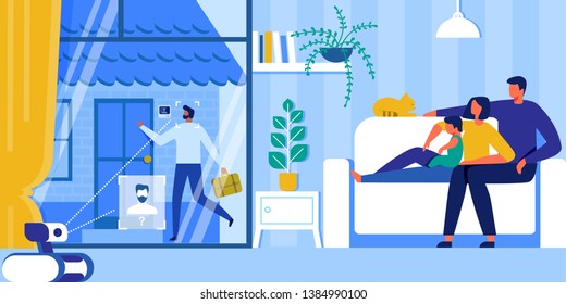 Family Sitting at Home and Seeing People Stand Outdoors at Screen. Home Automation. Smart Security and Automated System of Human Faces Recognition. Iot, House Security Cartoon Flat Vector Illustration