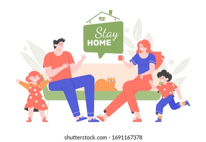 Family Sitting Home. Stay Home. Quarantine And Self-isolation. Dad, Mom And Two Children In The Room Are Sitting On The Couch. Have Fun. Vector Flat Illustration.