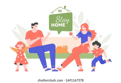 Family sitting home. Stay home. Quarantine and self-isolation. Dad, mom and two children in the room are sitting on the couch. Have fun. Vector flat illustration.