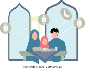 The family is sitting for Iftar.