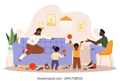 Family sitting indoors. Man and woman with boys and girls playing in toys. Maracasses and balls, teddy bear. Entertainment and leisure in apartment. Cartoon flat vector illustration
