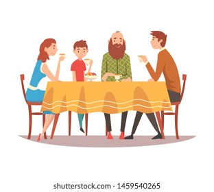 Family Sitting at Kitchen Table, Drinking Tea and Talking to Each Other, Happy Parents, Children and Grandfather Eating Together Vector Illustration