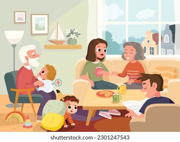 Family sitting in a living room, talking and laughing. Children play at home with parents and grandparents. Cozy interior. Living room with furniture and decorative elements. 