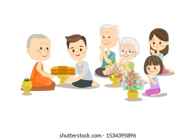 Family sitting and offering to Buddhist with Kathin ceremony 