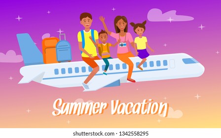 Family Sitting on Airplane Vector Banner with Text. Summer Vacation Lettering. Cartoon Characters Going on Holiday. International Airlines Poster. Boeing in Sky Flat Drawing. Parents with Children