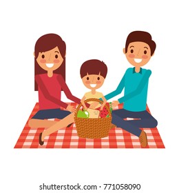 family sitting on blanket picnic with meal basket