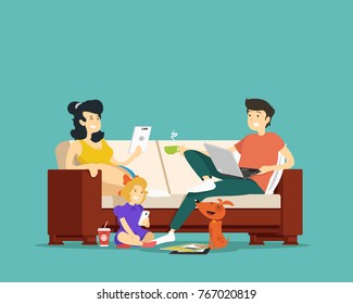 Family Sitting On The Couch With Devices. Vector Illustration.