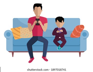 The family is sitting on the couch. Man and his son are chatting with smartphones in their hands. Male characters are resting and spending time together at home. Relatives communicating with phones