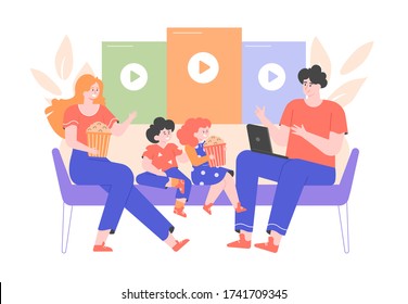 Family is sitting on the couch with popcorn. Dad selects a movie on a laptop. Parents and children. Watch a movie, series, shows. Streaming video service, online cinema. Vector flat.