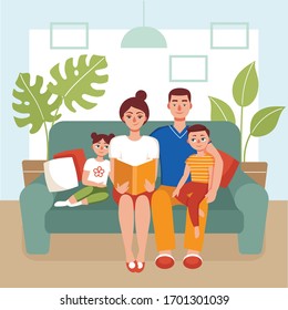 Family sitting on the couch and reading a book. Mom,dad,son and daughter stayed at home.Concept of quarantine, coronavirus prevention, isolation, love books, home activity.Flat vector illustration.