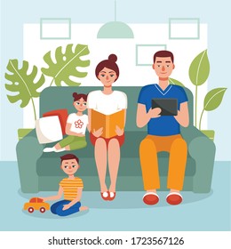Family sitting on the couch and reading a book. Mom,dad,son and daughter stayed at home.Concept of quarantine, coronavirus prevention, isolation, love books, home activity.Flat vector illustration.