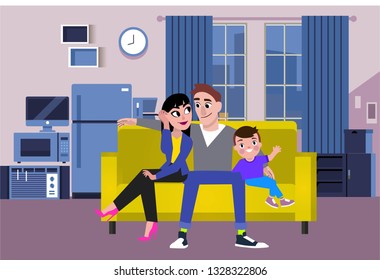 the family is sitting on the couch satisfied with the purchases of equipment