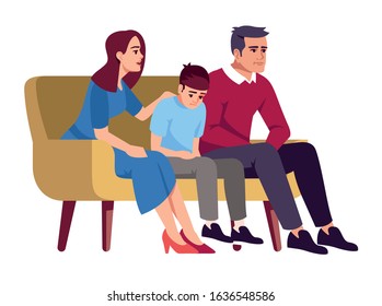 Family sitting on couch semi flat RGB color vector illustration. Parents and child. Parenting problems. School student in trouble. Therapy session. Isolated cartoon character on white background