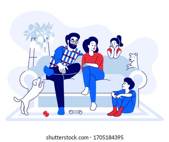 Family sitting on the couch, talking. Parents, children, mother, father, brother, sister have fun with dogs in modern cozy home. Cartoon and home furnishing vector illustration