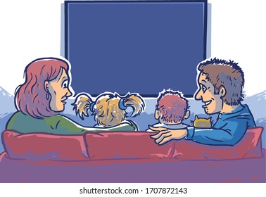 family sitting on the couch and watching tv